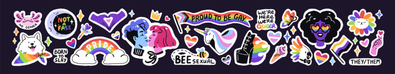 LGBT icons set. Celebration of pride month. Homosexual love, lesbians, gays sticker pack. Signs of queer gender, orientation, LGBTQ progressive flag, rainbow. Flat isolated vector illustrations