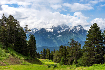 Fototapeta premium Beautiful panoramic view of the mountains. Aerial beautiful summer landscape of Caucasus mountain.