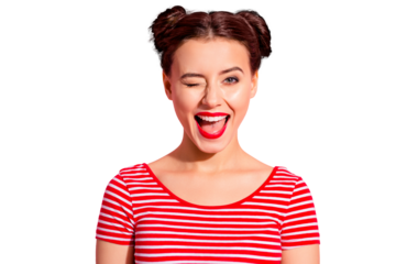 Close up photo beautiful she her lady pretty hairdo two buns bright pomade allure tempting big lips blinking boyfriend send love waves wear casual striped red white t-shirt isolated pink background