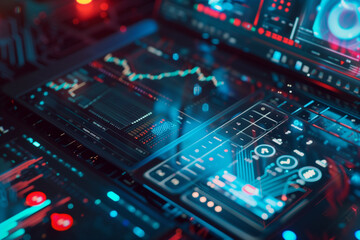Close-Up of an Active Motherboard with Illuminated Circuits and Components