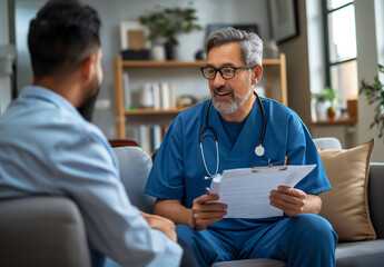 
A young male nurse with a stethoscope around his neck, wearing blue scrubs is sitting on the couch in a living room and talking to a happy senior man holding a medical notebook while doing a home vis