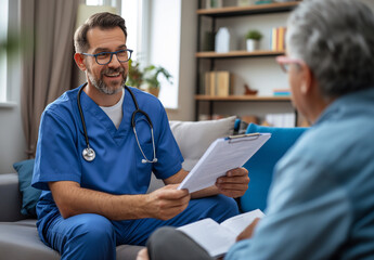 Fototapeta premium A young male nurse with a stethoscope around his neck, wearing blue scrubs is sitting on the couch in a living room and talking to a happy senior man holding a medical notebook while doing a home vis