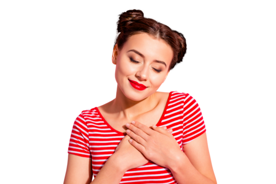 Close up photo beautiful amazing she her lady pretty hairdo two buns red pomade lips hold hands arms on heart eyes closed overjoyed wear casual striped red white t-shirt isolated pink background - Powered by Adobe