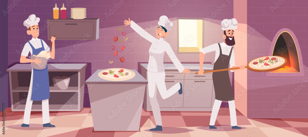 Poster pizza cooking. kitchen interior chef cooking food exact vector cartoon background illustration