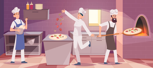 Pizza cooking. Kitchen interior chef cooking food exact vector cartoon background illustration