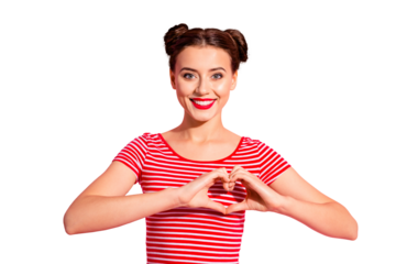 Close up photo beautiful she her lady pretty two buns red pomade lips hold hands arms heart shape figure symbolizing cardiac health wear casual striped red white t-shirt isolated pink background