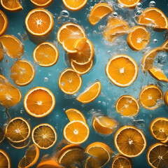Orange slices under water, with sunligh coming in and ice and bubbles mixed with the slices