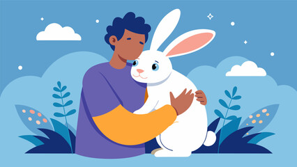 A trained rabbit being held by a person with anxiety as the gentle creature encourages them to relax and let go of their worries.. Vector illustration - Powered by Adobe