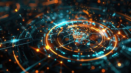 Obraz premium High tech server visualization, displaying particle data streams, circular computing interfaces, and virtual reality environments