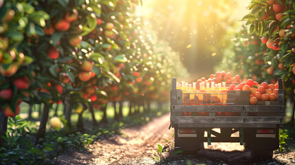 Cargo truck carrying bottles with grapefruit juice in an orchard with sunset. Concept of food and drink production, transportation, cargo and shipping.