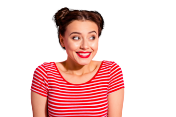 Close up photo beautiful she her lady pretty two buns pomade lips look up empty space toothy show white teeth sly know secret giggling wear casual striped red white t-shirt isolated pink background