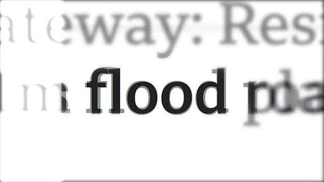 Mentioning flood in media headlines. Problem of climate change. Quickly changing pages of online publications. Close-up of letters