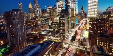 Aerial view of big city at night New York City. Night NY City panorama skyline at twilight....