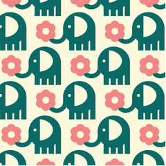 retro elephants with daisies fabric, wallpaper and textures