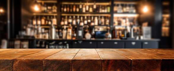 Wooden desk of bar and free space for your decoration.