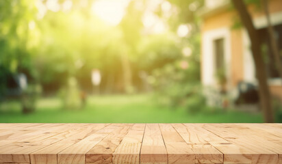 wooden table space with green home backyard view blur background for advertising template