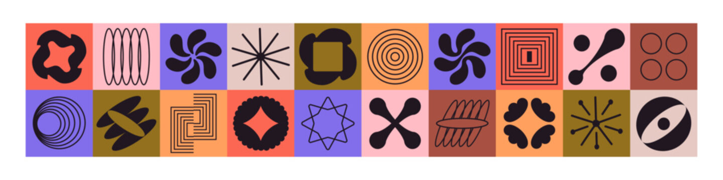 Bauhaus forms set. Geometric patterns of brutalism style. Abstract flower silhouettes, figures, shapes in frames. Different brutalist icons in grid composition. Flat isolated vector illustrations
