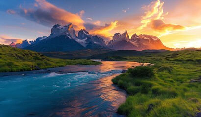 Fiery Sunset Sky Above River Through Mountains
