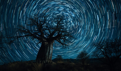 Starry Night Sky Over Lone Silhouetted Tree
