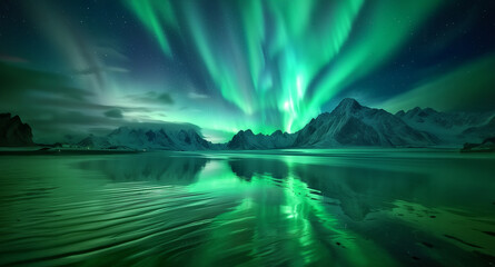 Aurora Borealis Reflection on Serene Mountain Lake
