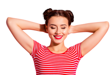 Close up photo beautiful she her lady pretty buns eyes closed dreamer having nap arms hands behind head weekend day off making wish wear casual striped red white t-shirt isolated pink background