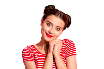 Close up photo beautiful she her lady pretty two buns bright pomade lipstick touch hold one cheek cheekbone lying arms hands together wear casual striped red white t-shirt isolated pink background