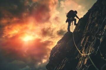 Adventurous Climber Scaling Rugged Mountain Peak Against Vibrant Sunset Sky