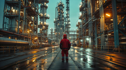 Worker overlooking illuminated industrial complex at dusk