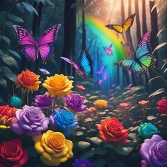  a whimsical illustration of a magical forest glade where yellow and rainbow roses bloom abundantly, attracting a kaleidoscope of butterflies with their sweet nectar.