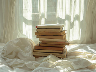 Fototapeta na wymiar stack of book on the white bed. vintage tone, soft light from windows - ai