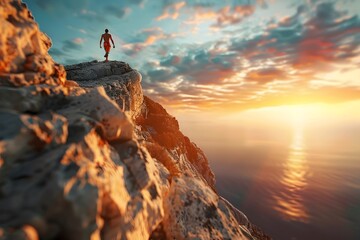 Lone Explorer Atop Rugged Cliff at Breathtaking Sunset Embodies the Thrill of Achieving One's Goals and Reaching New Heights