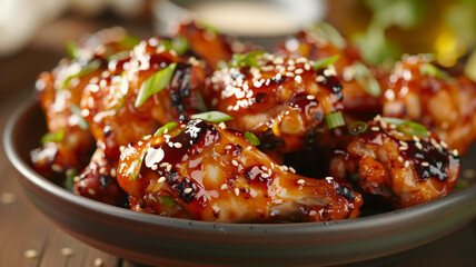 A mouthwatering array of BBQ chicken wings, glistening with sesame-infused sauce, served on a contemporary platter against a neutral backdrop. Ai generated
