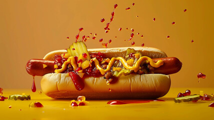 A tempting hot dog drizzled with spicy mustard, tangy ketchup, and tangy pickles, captured in a dynamic, action-oriented shot. Ai generated