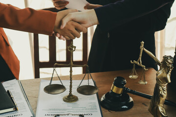 A lawyer prepares for a meeting at their desk, gathering documents and notes. They discuss legal matters, offering guidance and expertise to clients.