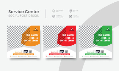 Service center social media post template for tech, & car repair creative banner ads. Functional servicing center social media flyer layout concept. Vol - 24
