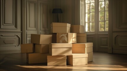 Stack of brown cardboard boxes in house empty living room