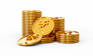 3d Stack Of Golden Indian Rupee Coins Shiny Rounded Coins Stack On White Background 3d Illustration