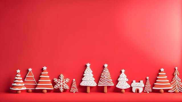 A row of gingerbread trees are lined up on a red background