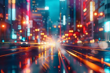 Blurry Dynamic Urban Cityscape with Neon Lights and Traffic for Lifestyle Promotions