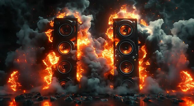 Two black speaker towers engulfed in flames and smoke. Maximum music power concept