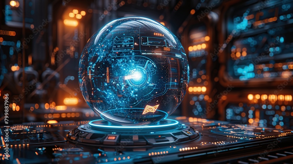 Poster Global network technology. 3D holographic a transparent globe on computer circuit board.