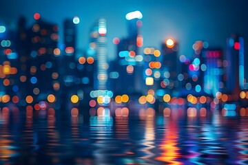 Fototapeta na wymiar Vibrant Blurred City Lights at Night Reflected on Water in Modern Metropolis Skyline with Skyscrapers and Glowing Neon Architecture