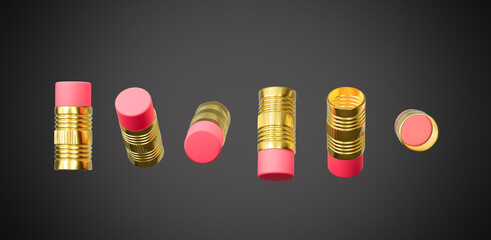 Shiny Golden Metallic Ferrules With Soft Pink Erasers Isolated On Grey Background 3d Illustration