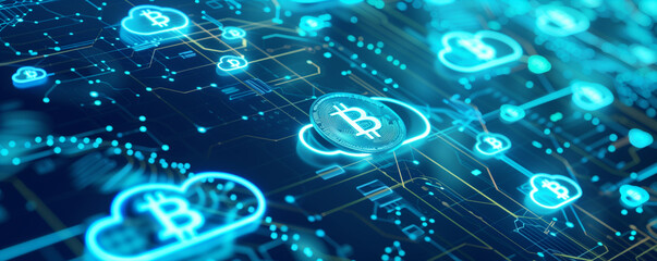Obraz premium Digital Blockchain Network with Bitcoin Currency Integration Concept