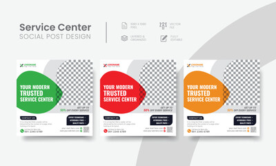 Service center social media post template for tech, & car repair creative banner ads. Functional servicing center social media flyer layout concept. Vol - 26