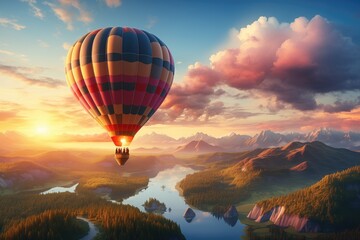 Fototapeta premium Hot air balloon with people is flying over beautiful landscape with mountains and lake on sunrise. Sky with clouds. Warm and peaceful atmosphere. Generative ai. Fantasy colors.