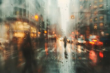 Captivating Image of a Contemporary City with Blurred Rainy Street Scene on a Gloomy Evening