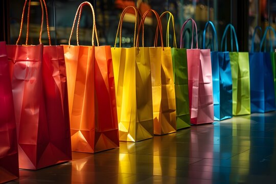 Vibrant and Dynamic Retail Display of Colorful Shopping Bags for Merchandising and Promotional Events