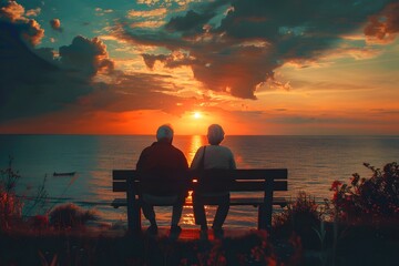 Aged Friendship Bonding Over Sunset Seascape in Summer Retirement