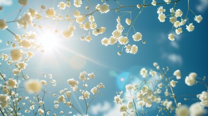 white baby's breath flowers pattern flying against sunny sky